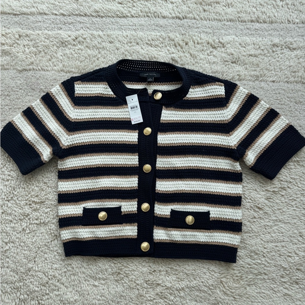 Striped Navy and Cream Button-Up Sweater - Picture 4 of 6